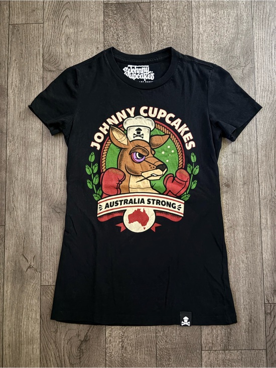 Johnny Cupcakes Tops - Johnny Cupcakes Black Tee with Kangaroo Boxing Graphic Australia Strong